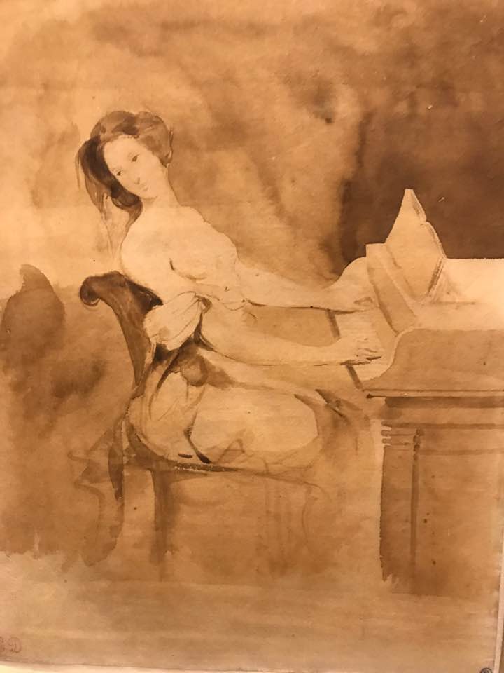 Eugène Delacroix, L'innamorata al piano, disegno, pennello e acquerello